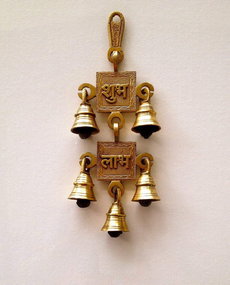 Two Moustaches Brass Shubh Labh Hanging Bells Showpiece Ghanti for Pooja Ghanti for Home Temple Decor 32 x 95 inch Brown Standard - Image 2