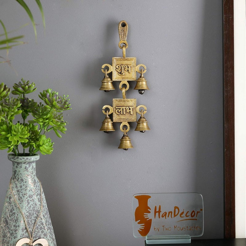 Two Moustaches Brass Shubh Labh Hanging Bells Showpiece Ghanti for Pooja Ghanti for Home Temple Decor 32 x 95 inch Brown Standard - Image 3
