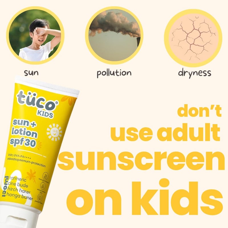 TuCo ® Kids Sunscreen Lotion | Body & Face | SPF 30 | 3-15 Yrs | Turmeric, Licorice, Mango Butter | UVA/UVB PA++++ | Broad Spectrum & Water Resistant | Benzophenone- 3 & Avobenzone Free | 100ml - Image 2