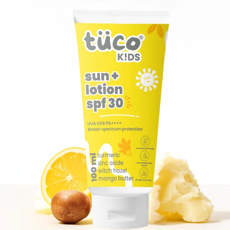TuCo ® Kids Sunscreen Lotion | Body & Face | SPF 30 | 3-15 Yrs | Turmeric, Licorice, Mango Butter | UVA/UVB PA++++ | Broad Spectrum & Water Resistant | Benzophenone- 3 & Avobenzone Free | 100ml - Image 1
