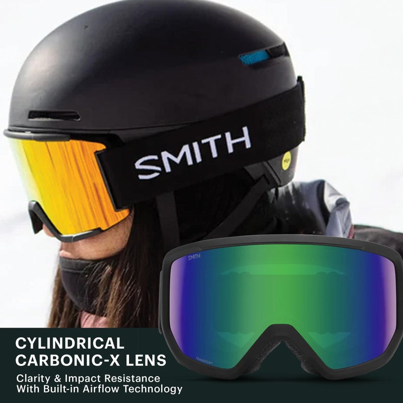 SMITH Transfer Snow Goggles â€“ Performance Ski & Snowboard Goggles with Cylindrical Lens â€“ For Men & Women â€“ Black + Green Sol-X Mirror Lens - Image 3