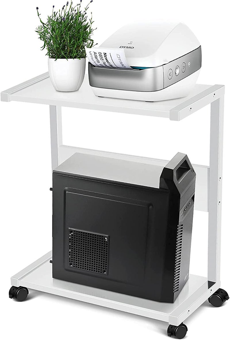 INDIAN DECOR INDIAN DECOR 35211 Printer Stands Computer Tower Stand 2Tier CPU Stand Cart Floor PC Holder with Lockable Wheels Fits Most PC White  - Image 1