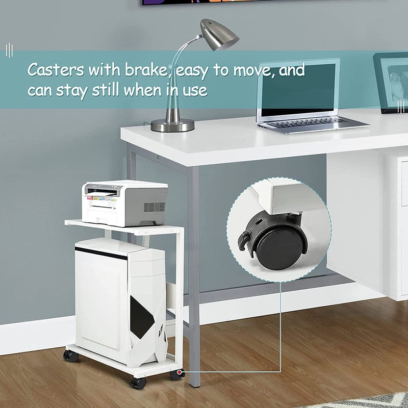 INDIAN DECOR INDIAN DECOR 35211 Printer Stands Computer Tower Stand 2Tier CPU Stand Cart Floor PC Holder with Lockable Wheels Fits Most PC White  - Image 3
