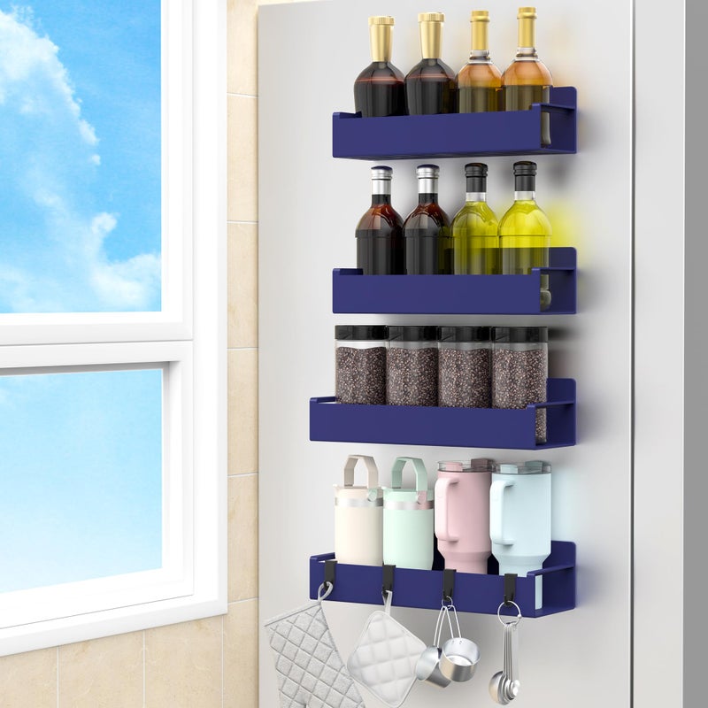 HuggieGems 4 Pack Magnetic Spice Storage Rack Organizer for Refrigerator and Oven, ABS Dark Blue Fridge Organizers and Storage - Image 1