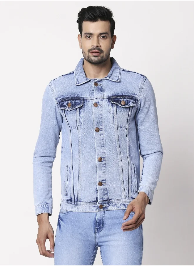 هاي ستار Men Blue Solid Denim Jacket