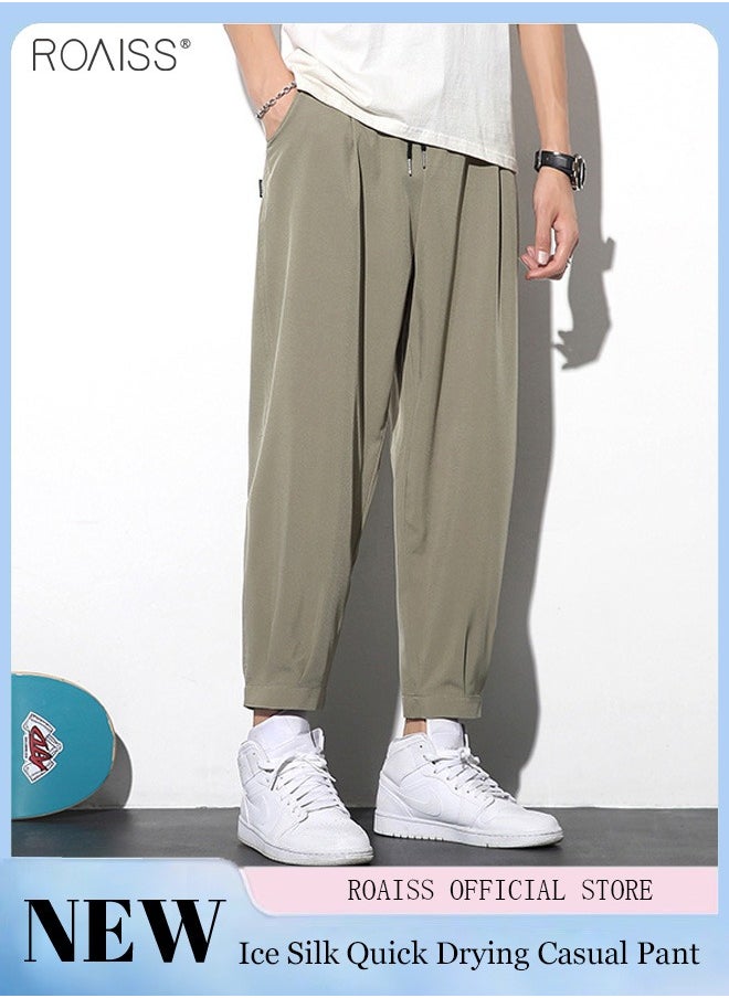 Men's Lightweight Ice Silk Casual Pants Soft And Smooth Elastic Sports Pants Quick Drying Ankle Tightening Sun Protection Pants
