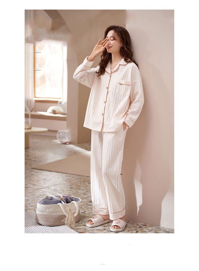 طقم بيجامة نسائي ، قطن طويل الأكمام طقم بيجامة مخططة قطعتان من بيجامات كاجوال - Image 3