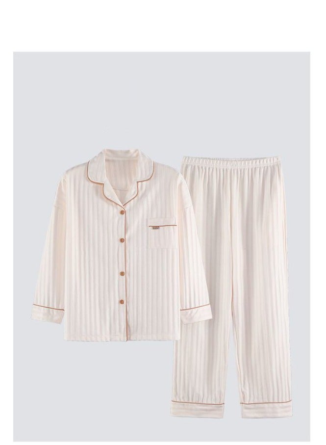 طقم بيجامة نسائي ، قطن طويل الأكمام طقم بيجامة مخططة قطعتان من بيجامات كاجوال - Image 1