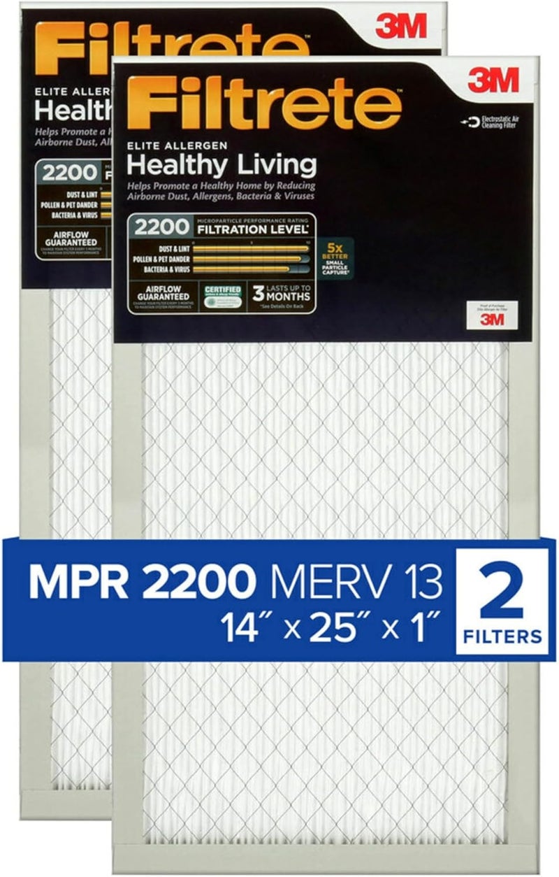 FILTRETE 14x25x1 AC Furnace Air Filter, MERV 13, MPR 2200, Elite Allergen, Bacteria & Virus Filter, 3-Month Pleated 1-Inch Electrostatic Air Cleaning Filter, 2-Pack (Actual Size 13.81x24.81x0.78 in) - Image 1