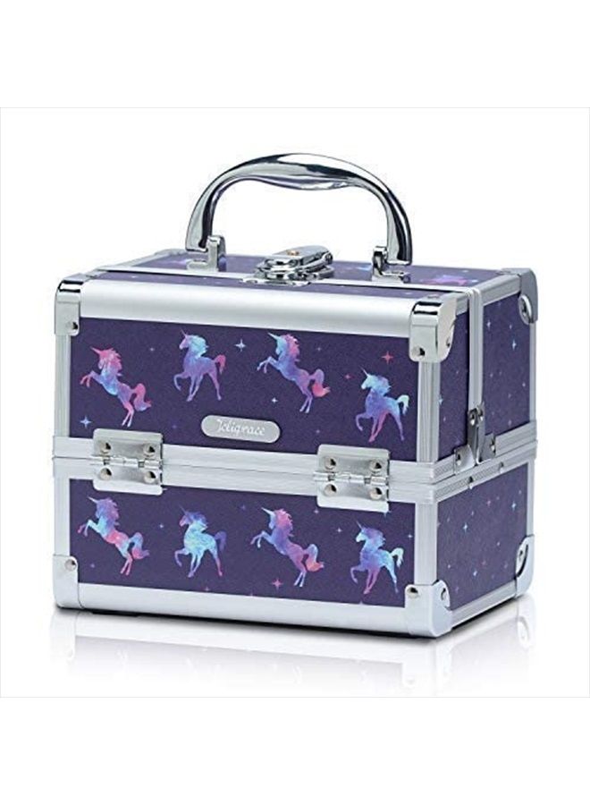 Joligrace Makeup Train Case for Girls Cosmetic Box Jewelry Organizer Hair Accessories Storage Lockable with Trays & Mirror Kids Gift Unicorn - Image 2