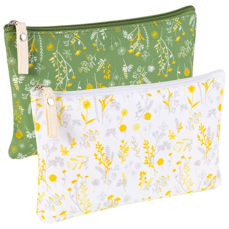 Pengxiaomei 2 Pcs Green Floral Makeup Bags, Small Zipper Cosmetic Bag Travel Toiletry Bag Makeup Pouch for Kids Teen Girls Tea Party Spring Party Mothers Day Gifts - Image 1