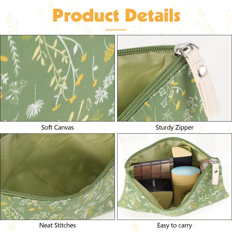 Pengxiaomei 2 Pcs Green Floral Makeup Bags, Small Zipper Cosmetic Bag Travel Toiletry Bag Makeup Pouch for Kids Teen Girls Tea Party Spring Party Mothers Day Gifts - Image 3