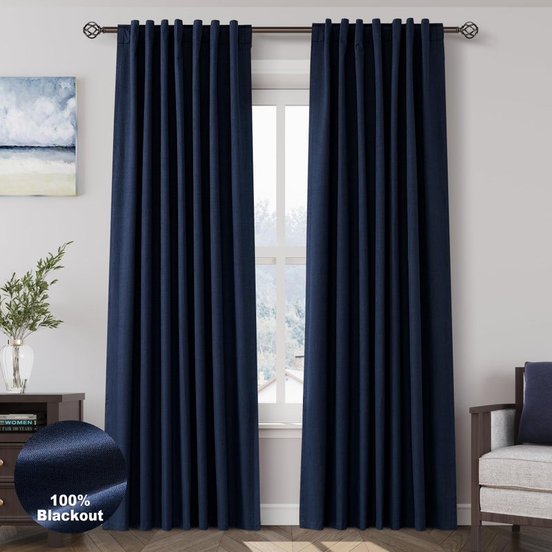 Nanspring Navy Blue Linen Blackout Curtains 84 Inches for Bedroom Pinch Pleated Modern Living Room Draperies 84 Length 2 Panels Energy Saving Thermal Insulated Dark Blue Black Out Curtains with White Backing - Image 1
