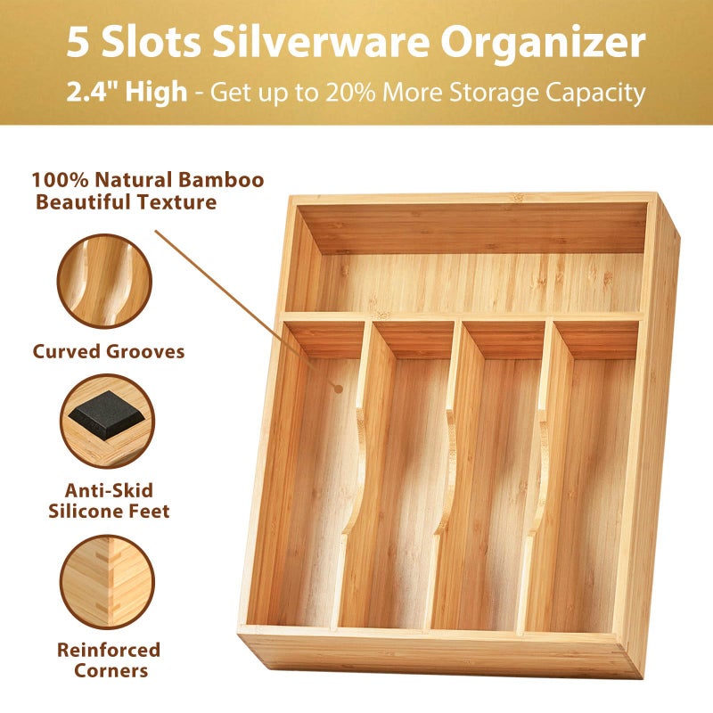 Umilife Bamboo Kitchen Drawer Organizer, 11 Inch Silverware Utensils Tray Holder with Grooved Dividers, 2.4" High Wood Caddy for Flatware Cutlery Knives - Image 2