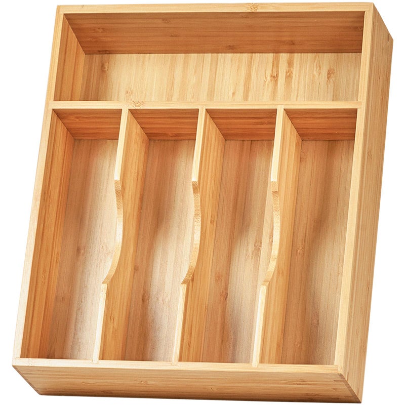 Umilife Bamboo Kitchen Drawer Organizer, 11 Inch Silverware Utensils Tray Holder with Grooved Dividers, 2.4" High Wood Caddy for Flatware Cutlery Knives - Image 1