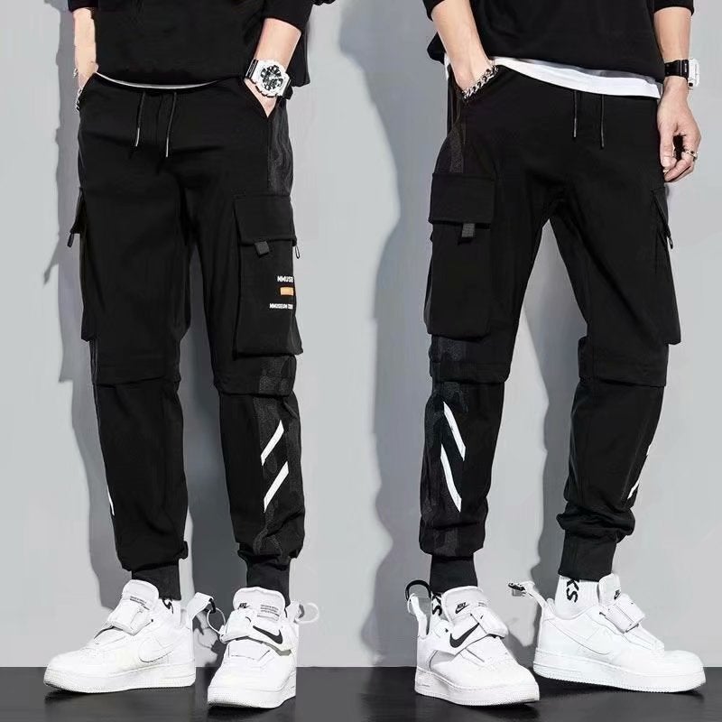 Cross-border Ins Overalls Mens Trendy Brand High Street Foot-binding Large Pocket Korean-style Loose Casual Functional All-match Pants 201 black