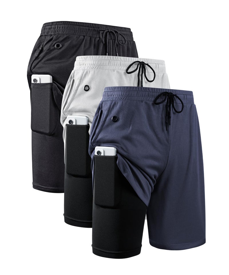 JWJ 3 Pack Mens 2 in 1 Running Shorts Quick Dry Gym Athletic Workout Shorts with Compression Liner,Black Light Navy XXL - Image 1
