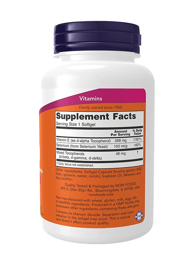 now Vitamin E-400 IU, Mixed Tocopherols, Antioxidant Protection, 100 Softgels - Image 2