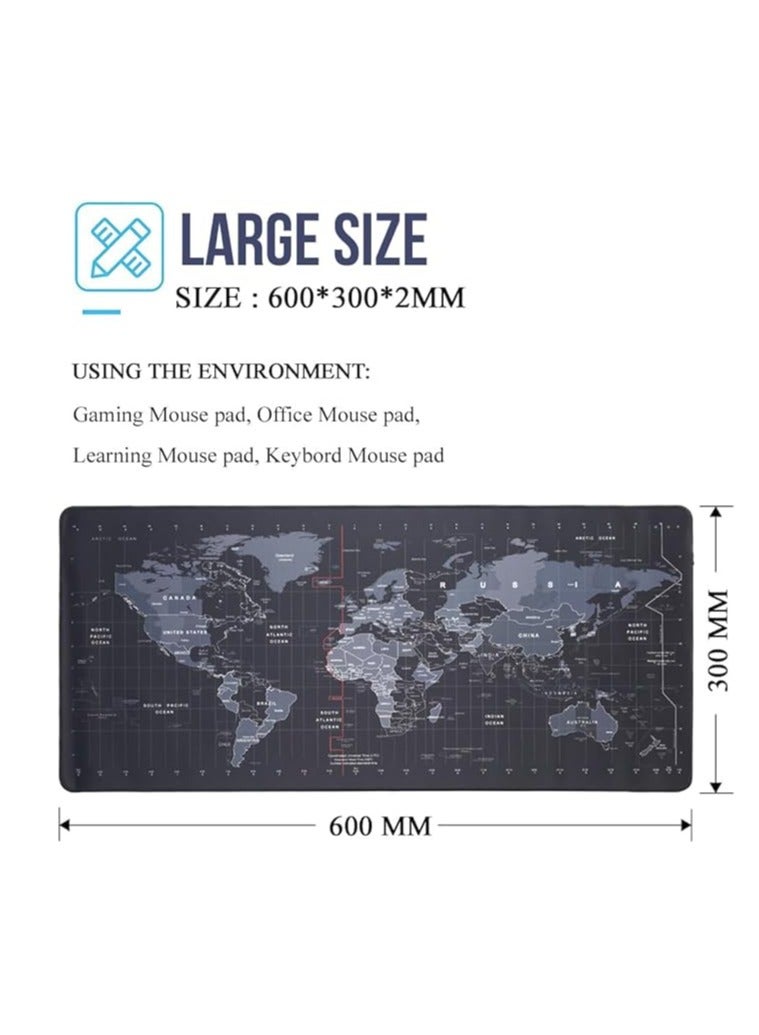 ماوس باد مكتب ممتد مضاد للانزلاق من World Map، وسادة ماوس مطاطية مخيطة للألعاب للكمبيوتر المحمول والكمبيوتر، 60 طول × 30 عرض، لون أسود - Image 2
