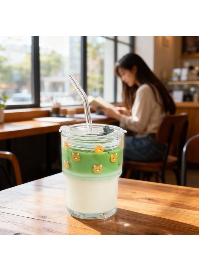 Olvini 13oz Glass Tumbler with Straw and Lid, Reusable Iced Coffee Cup Tumbler, Cute Glass Cups for Water, Matcha, Travel Coffee Mugs (Cute Cat - 13oz) - Image 4