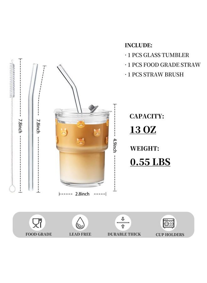 Olvini 13oz Glass Tumbler with Straw and Lid, Reusable Iced Coffee Cup Tumbler, Cute Glass Cups for Water, Matcha, Travel Coffee Mugs (Cute Cat - 13oz) - Image 3