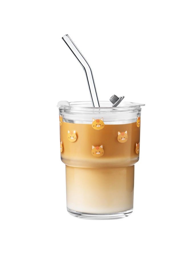 Olvini 13oz Glass Tumbler with Straw and Lid, Reusable Iced Coffee Cup Tumbler, Cute Glass Cups for Water, Matcha, Travel Coffee Mugs (Cute Cat - 13oz) - Image 1