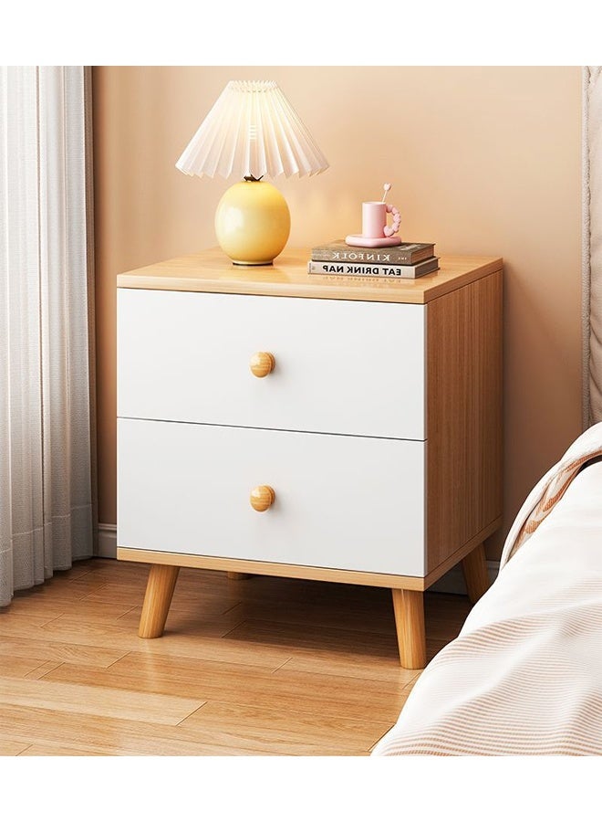 طاولة جانبية خشبية عصرية للسرير مع درجين للتخزين، مصنوعة من الخشب الطبيعي والأبيض، أبعادها 40×35×50 سم - Image 1