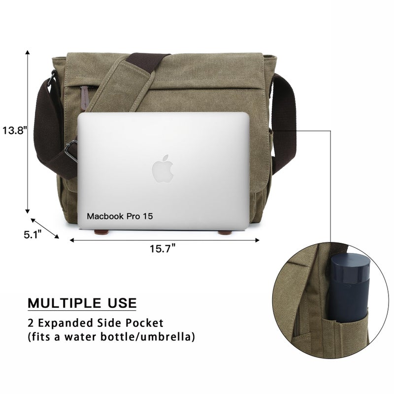 Dasein Large Vintage Canvas Messenger Shoulder Bag, Army Green, 15in Laptop Capacity - Image 2