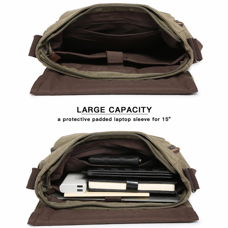 Dasein Large Vintage Canvas Messenger Shoulder Bag, Army Green, 15in Laptop Capacity - Image 4