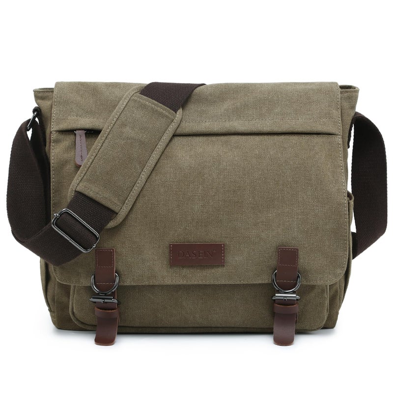 Dasein Large Vintage Canvas Messenger Shoulder Bag, Army Green, 15in Laptop Capacity - Image 1
