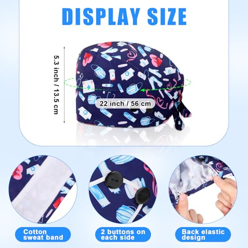 Unittype 4 Pcs Nurse Caps for Women Nursing Working Caps with Button and Sweatband Adjustable Elastic Scrub Hats for Dentist (Charming Style) Multicolored - Image 5