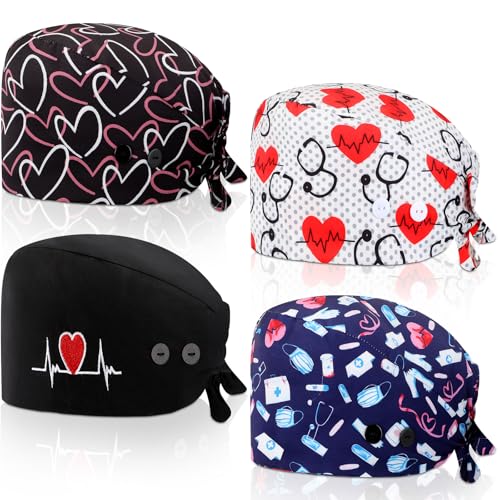 Unittype 4 Pcs Nurse Caps for Women Nursing Working Caps with Button and Sweatband Adjustable Elastic Scrub Hats for Dentist (Charming Style) Multicolored - Image 1