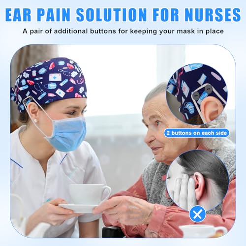Unittype 4 Pcs Nurse Caps for Women Nursing Working Caps with Button and Sweatband Adjustable Elastic Scrub Hats for Dentist (Charming Style) Multicolored - Image 2
