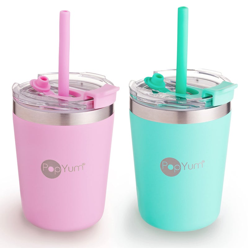 PopYum 9oz Insulated Stainless Steel Kids Cups with Lid and Straw 2Pack Green Pink stackable sippy baby child toddler tumbler double wall vacuum leak proof