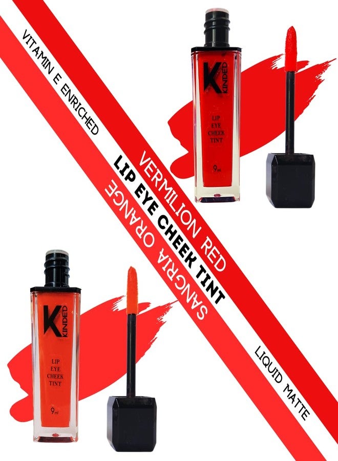 KINDED Lip Eye and Cheek Tint Combo for Women Girls Longlasting Moisturizing Vitamin E Liquid Lip Colour Lipstick Eyeshadow Blush (Matte Finish, Vermilion Red & Sangria Orange, 9 ml each) - Image 2
