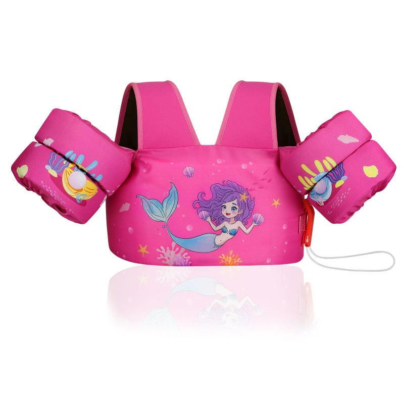 MoKo Toddler Swim Vest for Kids, Swim Arm Band Cartoon Swimming Wings Pool Float Vests Sleeves Shoulder Straps Arm Floaties for Children 22-66 lbs Learn to Swim, Magenta & Shell Mermaid - Image 1