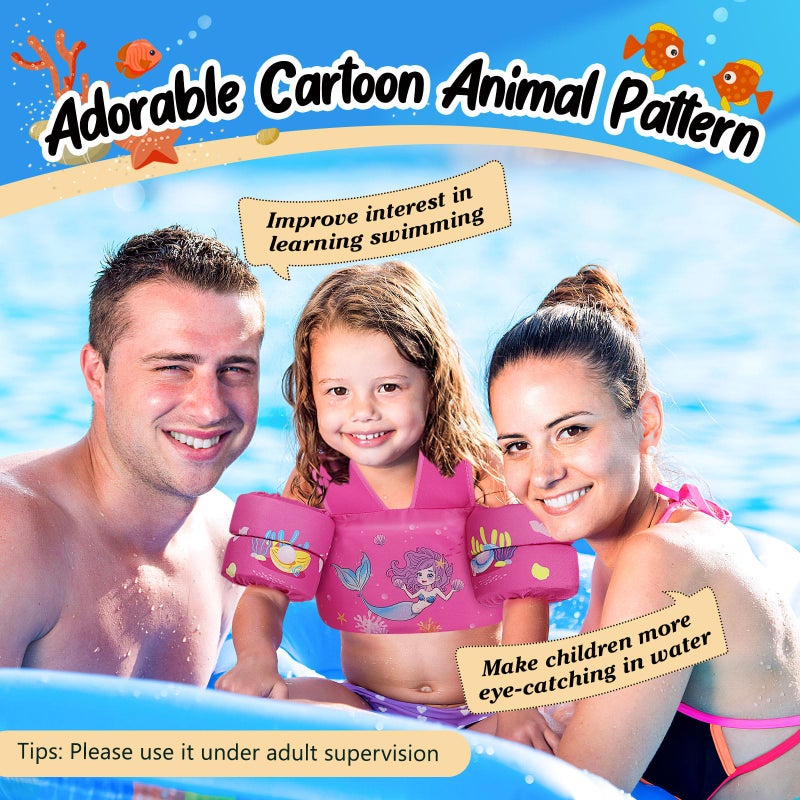 MoKo Toddler Swim Vest for Kids, Swim Arm Band Cartoon Swimming Wings Pool Float Vests Sleeves Shoulder Straps Arm Floaties for Children 22-66 lbs Learn to Swim, Magenta & Shell Mermaid - Image 4