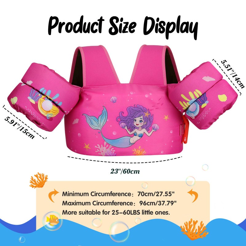 MoKo Toddler Swim Vest for Kids, Swim Arm Band Cartoon Swimming Wings Pool Float Vests Sleeves Shoulder Straps Arm Floaties for Children 22-66 lbs Learn to Swim, Magenta & Shell Mermaid - Image 2