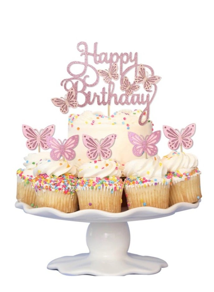 KHAJUL 13 Pieces Birthday Cake Decoration Sticks, Happy Birthday Phrase, Butterfly Cupcake Picks, Party Supplies, Bright Colors (Pink) - Image 5