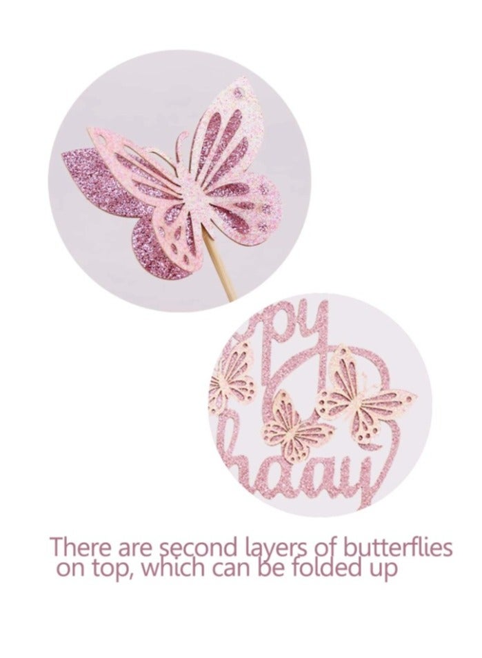 KHAJUL 13 Pieces Birthday Cake Decoration Sticks, Happy Birthday Phrase, Butterfly Cupcake Picks, Party Supplies, Bright Colors (Pink) - Image 4