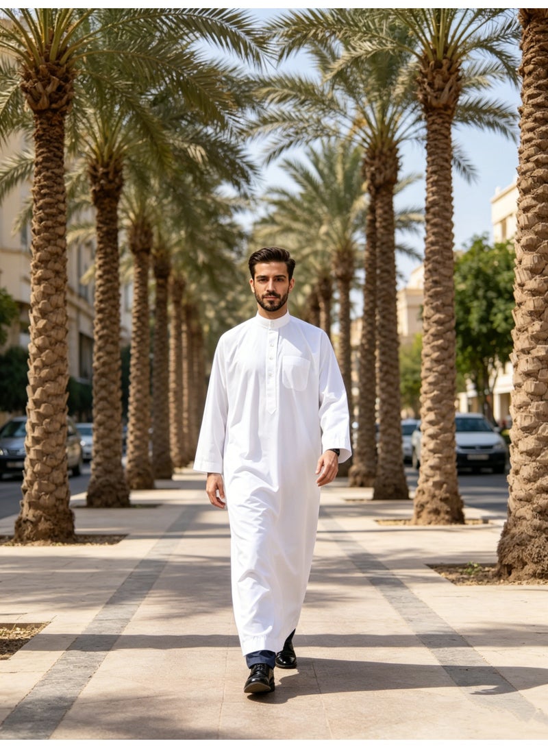 ثوب قندرة للرجال بياض قصير مستقيم بياقة مستديرة ونصف جيب مريح ونفاذ للهواء مناسب لارتداء التنقل اليومي - Image 3