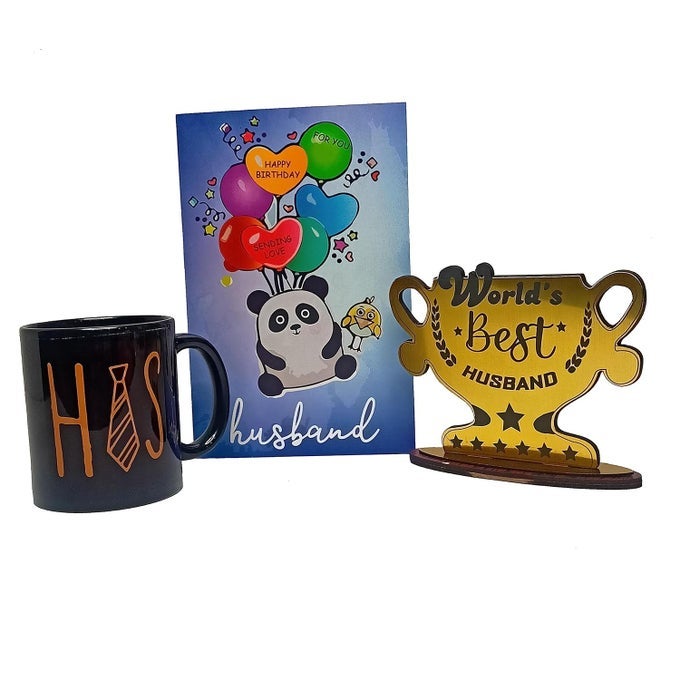 HAPPY BIRTHDAY HUSBAND GREETING CARD GIFT COMBO COFFEE MUG WORLD BEST HUSBAND TROPHY GREETING CARD BIRTHDAY GIFT FOR HUSBAND