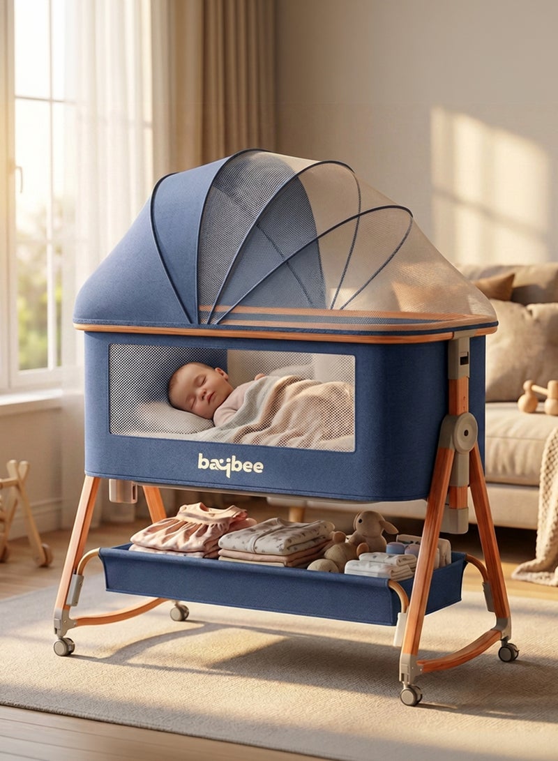 BAYBEE 3 in 1 Portable Baby Bedside Crib for Baby Infant Travel Crib With 6 Height Adjustable & Rocking Foldable Baby Bassinet with Wheels, Mosquito Net, 360° Swivel Wheels, Bed side Crib for Travel Navy Blue - Image 1