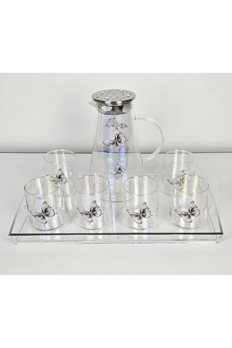 Stylish Glass Pitcher Set With Six Matching Tumblers Perfect For Serving Beverages Sleek Design With A Metal Lid  And Handle Ideal For Modern Dining Setting