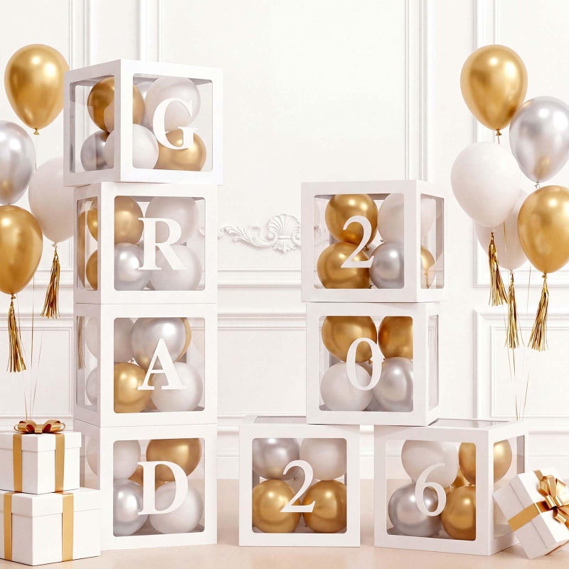 Ledido 2026 Graduation Balloon Boxes Decorations, 4 Pieces White Clear Grad Balloon boxes with Letters, Class of 2026 Graduation Party Supplies for College, High School, Prom, Birthday, Baby Shower - Image 1