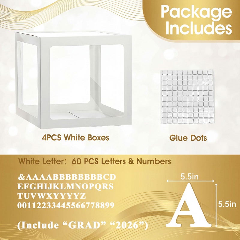 Ledido 2026 Graduation Balloon Boxes Decorations, 4 Pieces White Clear Grad Balloon boxes with Letters, Class of 2026 Graduation Party Supplies for College, High School, Prom, Birthday, Baby Shower - Image 2