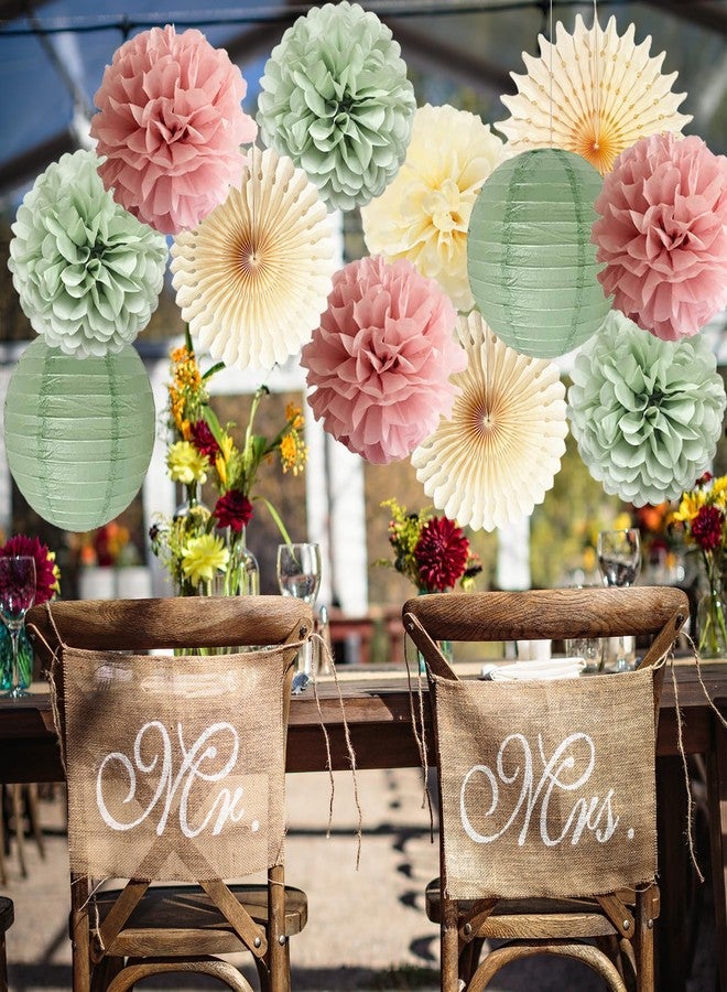FETETIJD Dusty Pink and Sage Green Party Decorations Dusty Rose Sage Green Tissue Pom Poms Paper Lanterns Confetti Dots Scatter Table Decoration for Women Girls Birthday Party Wedding Baby Shower Engagement - Image 3