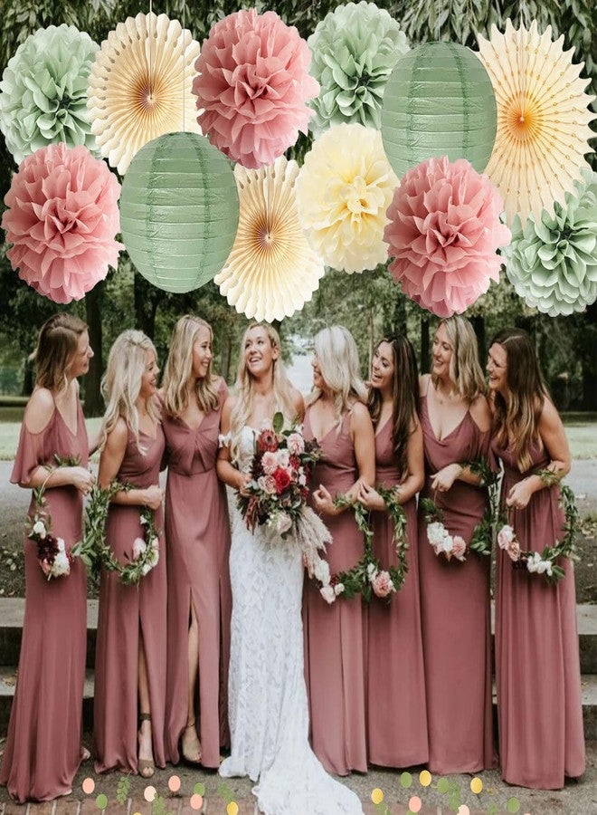 FETETIJD Dusty Pink and Sage Green Party Decorations Dusty Rose Sage Green Tissue Pom Poms Paper Lanterns Confetti Dots Scatter Table Decoration for Women Girls Birthday Party Wedding Baby Shower Engagement - Image 4