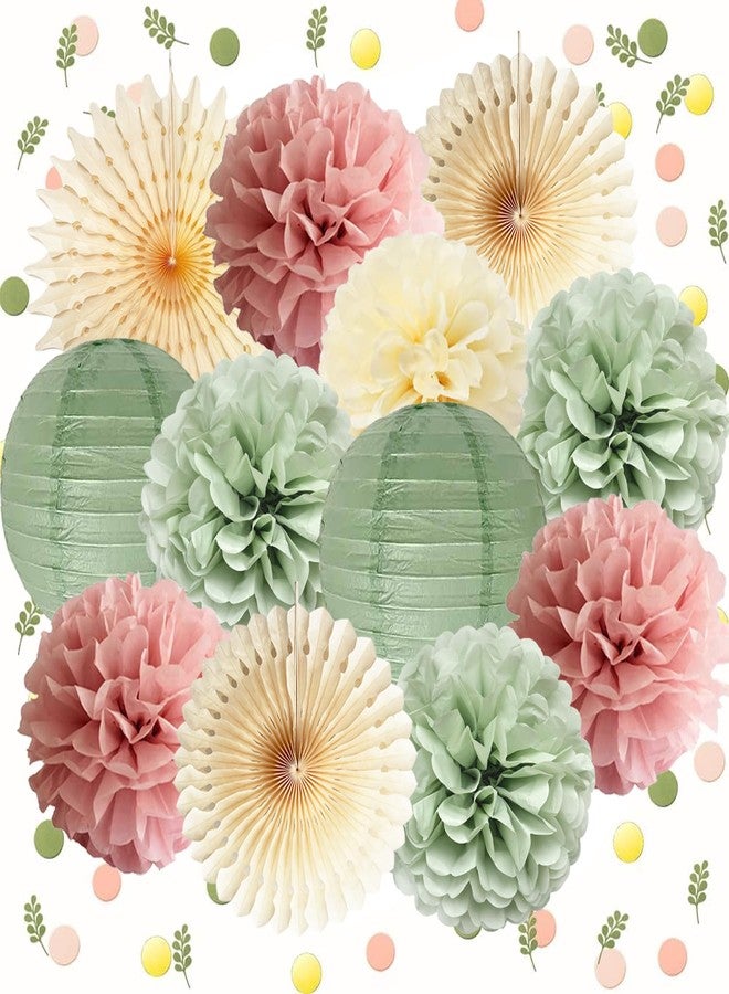 FETETIJD Dusty Pink and Sage Green Party Decorations Dusty Rose Sage Green Tissue Pom Poms Paper Lanterns Confetti Dots Scatter Table Decoration for Women Girls Birthday Party Wedding Baby Shower Engagement - Image 1