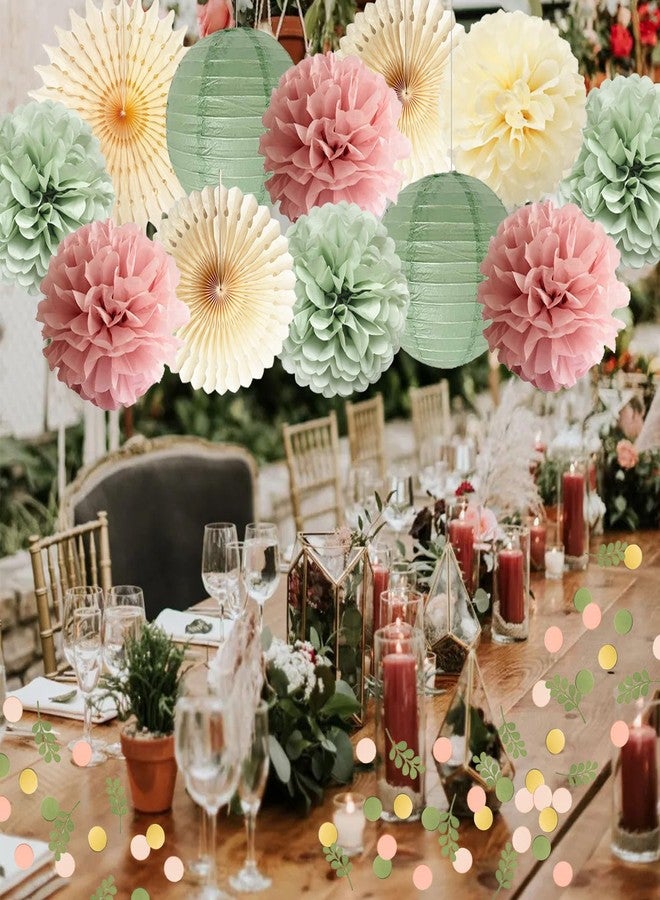 FETETIJD Dusty Pink and Sage Green Party Decorations Dusty Rose Sage Green Tissue Pom Poms Paper Lanterns Confetti Dots Scatter Table Decoration for Women Girls Birthday Party Wedding Baby Shower Engagement - Image 5